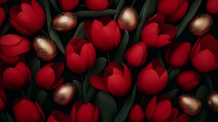 Creative pattern of vibrant red tulips with shiny golden eggs. Easter celebration concept with copy space.