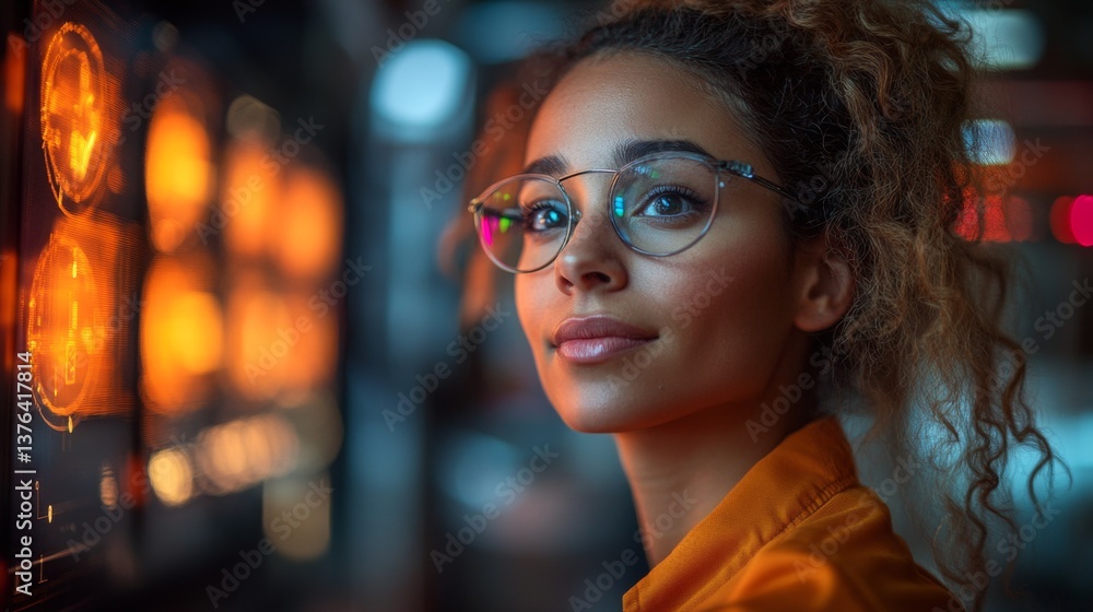 Poster A logistics expert wearing glasses smiles confidently while working in a high tech facility. Automated systems and vibrant indicators showcase advanced infrastructure for efficient distribution.