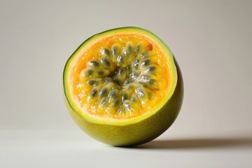 A fresh passion fruit sliced in half showing seeds