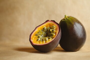 Two passion fruits displayed to showcase the inside texture