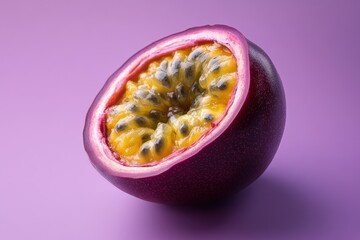 A close up photograph of a halved exotic fruit