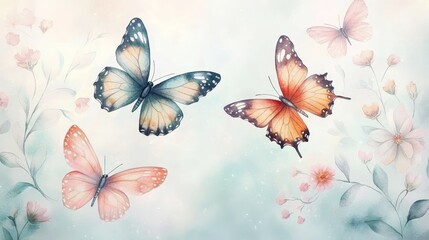 Pastel Dream Ethereal Butterflies in Watercolor Garden with Delicate Floral Elements - Serene and Graceful Art Print for Decor and Crafts