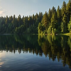Obraz premium A calm lake reflecting the lush greenery of a forest, exuding beauty and serenity.