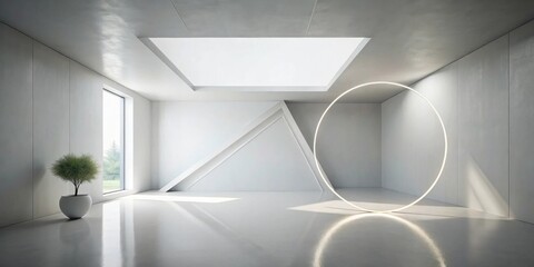 Modern minimalist interior design showcasing a bright, spacious room with sleek white walls, a large window, a unique ceiling design, and a luminous circular accent piece