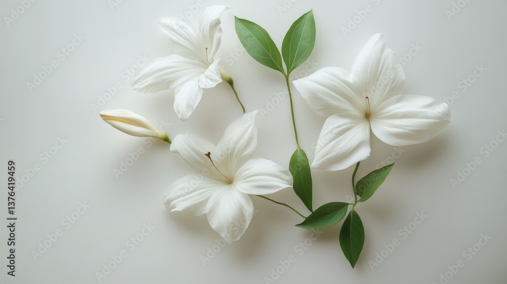 Poster beautiful overhead shot of white flowers arranged on a clean white background creating an elegant vi
