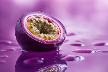 A halved passion fruit sits on a purple reflecting surface