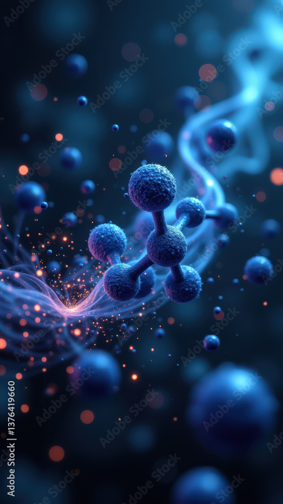 Poster scientific illustration featuring a glp-1 molecule with a zoomed-in view of atomic structure against