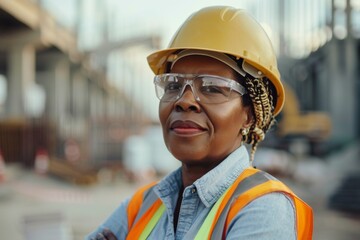 Portrait of a middle aged African American female construction worker at site