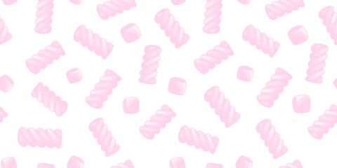 Pink marshmallows seamless pattern. Abstract background with 3d twisted and cube sweets. Seamless pattern with cute pink swirly candies, marshmallow or gummy, vector illustration
