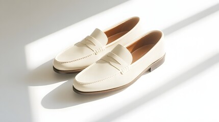 Elegant White Loafers on Bright Surface with Soft Light Shadows