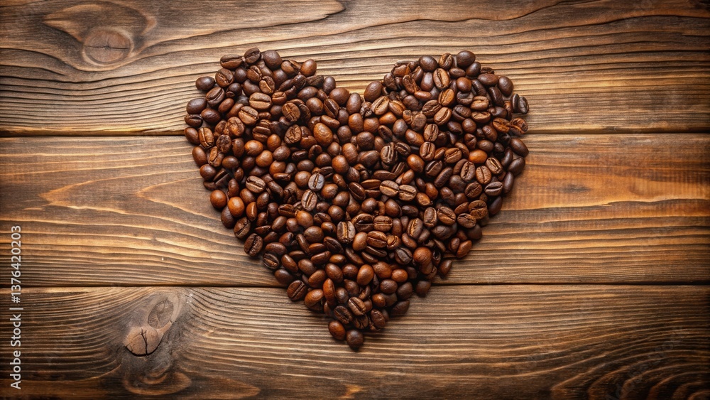Poster aromatic coffee beans arranged in a heart shape on rustic wooden surface