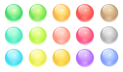 3d round color buttons, glossy circle icons. Pastel blue, green, red, pink and yellow spheres. Blank circle web buttons, shiny round badges isolated on white background, vector illustration
