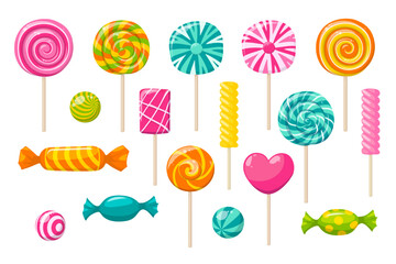 Sweets, candies and lollipops on sticks. Icons set of cute bonbon caramel, swirl lollipop, desserts, gum, hard sugar candies in wrapper and marshmallow, vector illustration