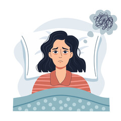Woman with insomnia lying in bed full of stress, confused thoughts when she can't sleep, sleep problems. Flat graphic vector illustration isolated on white background