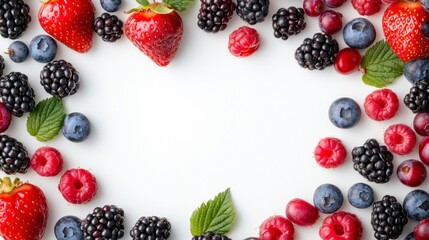 Mixed Berries Border on White Background with Strawberries and Blueberries