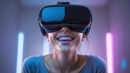 A person smiles while immersed in a virtual reality experience at home. Soft neon lights illuminate the surrounding space, creating an exciting atmosphere for gaming and exploration