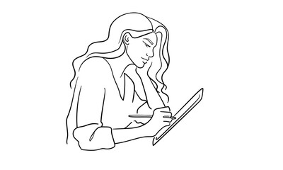 Woman drawing on tablet, continious line drawing. Drawing, teaching, artist. Vector illustration