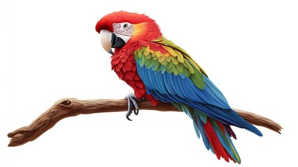 Fototapeta premium A detailed and colorful macaw parrot perched on a wooden branch against a clean white background. The vibrant red, blue, green, and yellow feathers contrast beautifully, making it a perfect isolated s