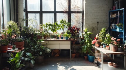 Fototapeta premium Greenhouse Oasis: A vibrant indoor greenhouse filled with an array of lush plants, creating a serene and inviting space bathed in natural light, fostering growth and tranquility.