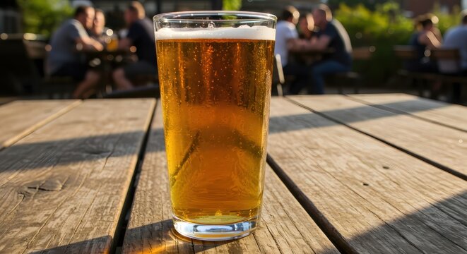 Pint of beer with outdoor patio, and sunset.