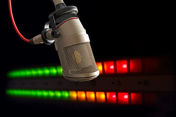 Professional microphone and sound mixer in radio station studio