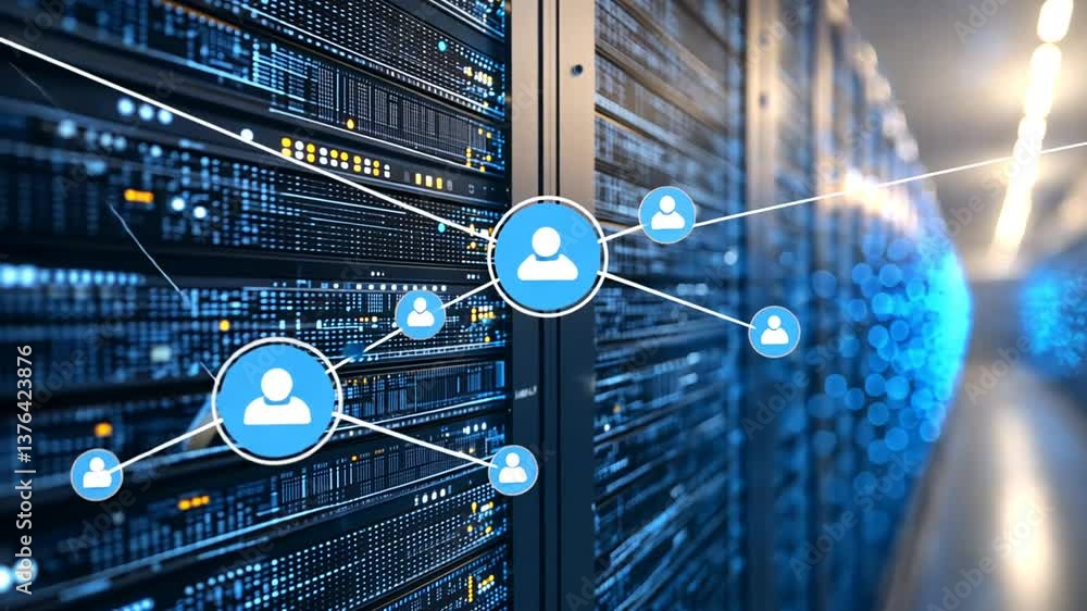 Poster network connections and digital data transferring in a modern server room datacenter