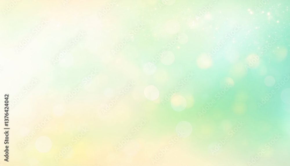 Poster pastel green and yellow background creating soft bokeh and glimmering glitter, generating whimsical,