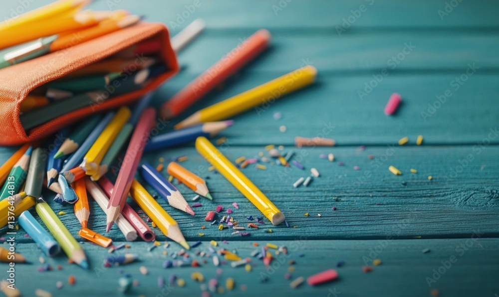 Poster a vibrant array of colored pencils spills from a case onto a turquoise wood table, creating a colorf