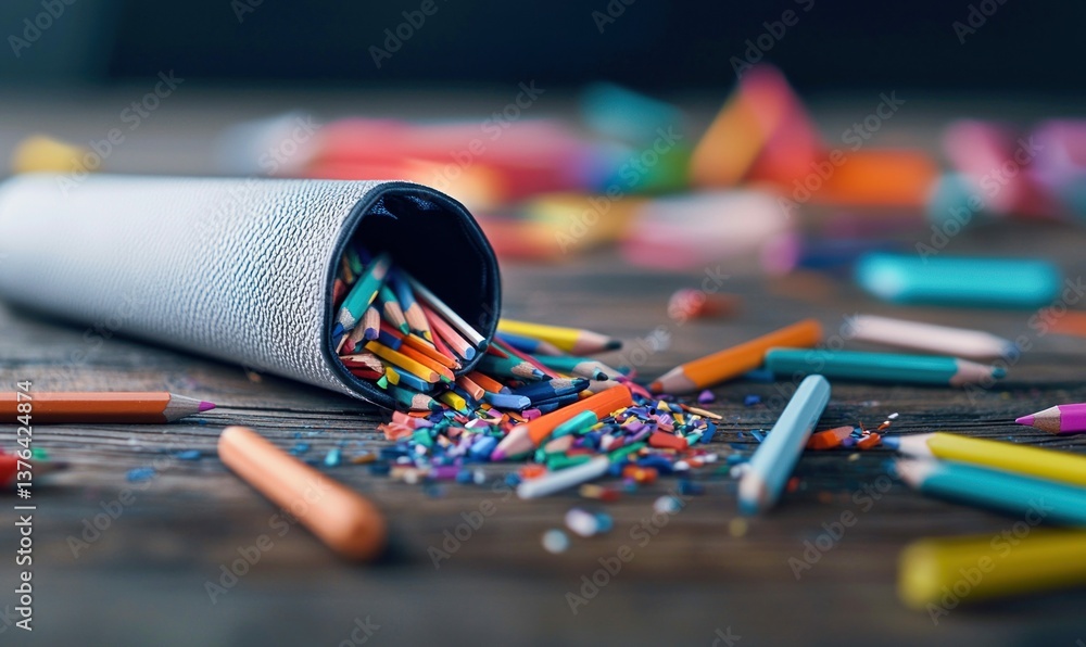 Poster a cascade of colored pencils spills from its container, creating a vibrant display on a wooden table