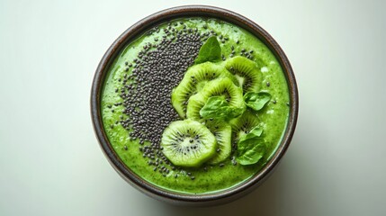 Obraz premium Vibrant green smoothie bowl with various ingredients presenting a healthy and energizing meal option from above
