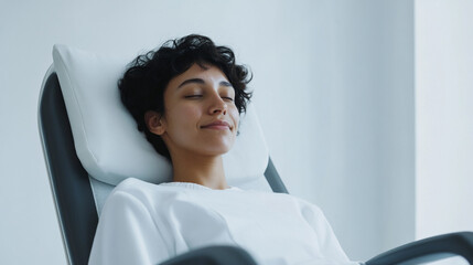 Patient person relax refreshed glowing face receiving IV therapy sitting in a clean clinic medical hospital sleeping