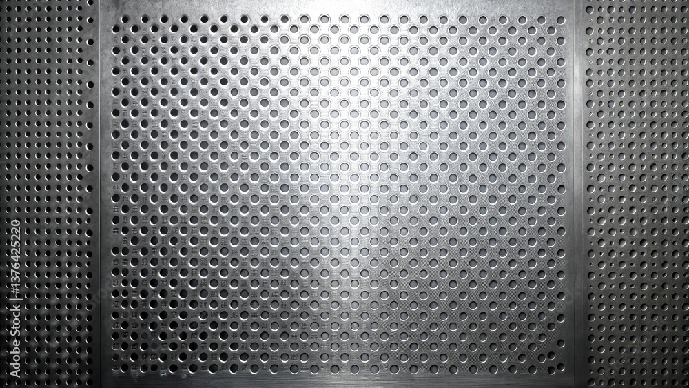 Poster A Textured Metal Surface with Regularly Spaced Perforations Displays a Subtle Gradient of Light and Shadow