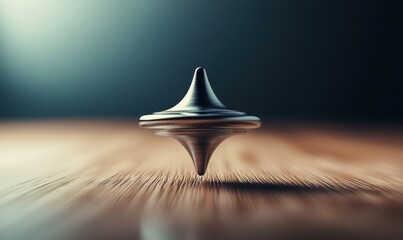 A gleaming metal spinning top in motion, balancing perfectly on a grainy wooden tabletop.