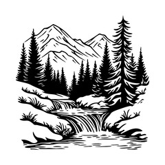 Mountain and Forest River Silhouette. Mountain landscape featuring a flowing river surrounded by dense pine trees