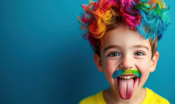 A young boy with a rainbow wig playfully sticks out his tongue, sporting a colorful drawn-on mustache.