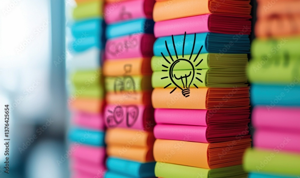 Poster a colorful stack of sticky notes displays an idea light bulb, representing brainstorming and plannin