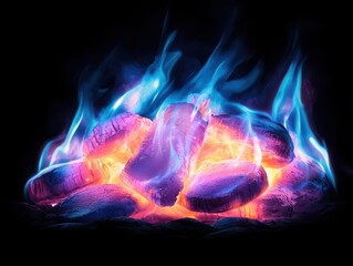 Glowing Coals and Vibrant Blue Flames Burning on a Black Background, Warmth and Energy.