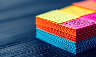 A vibrant stack of colorful sticky notes sits on a dark wood table, ready for ideas.