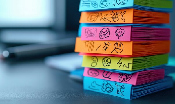 Stack of colorful sticky notes adorned with playful doodles sits on a modern, minimalist desk.