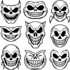 abstract illustration set icon smiling head ghost pumpkin halloween vector line art