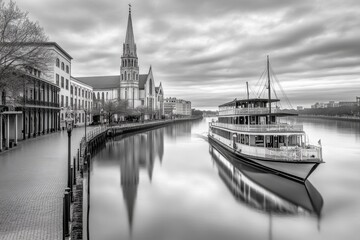 Fototapeta premium A monochrome silhouette of Savannah skyline, including historic churches and riverboats
