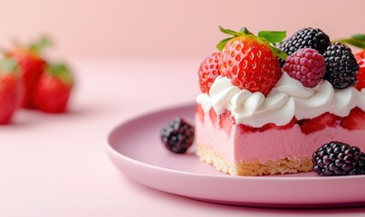 Close-up of a delightful slice of cake adorned with strawberries, raspberries, and blackberries on a pink plate.