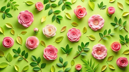 Delicate Pink Roses and Lush Green Foliage Arranged in an Elegant and Harmonious Pattern on a Vibrant Lime Green Background