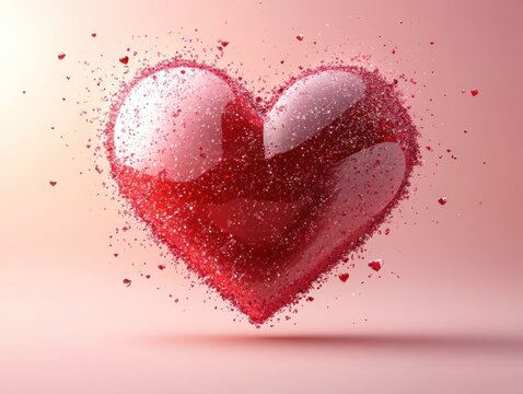 A 3D rendered image of a glossy red heart, composed of tiny particles, exploding outward against a soft pink background