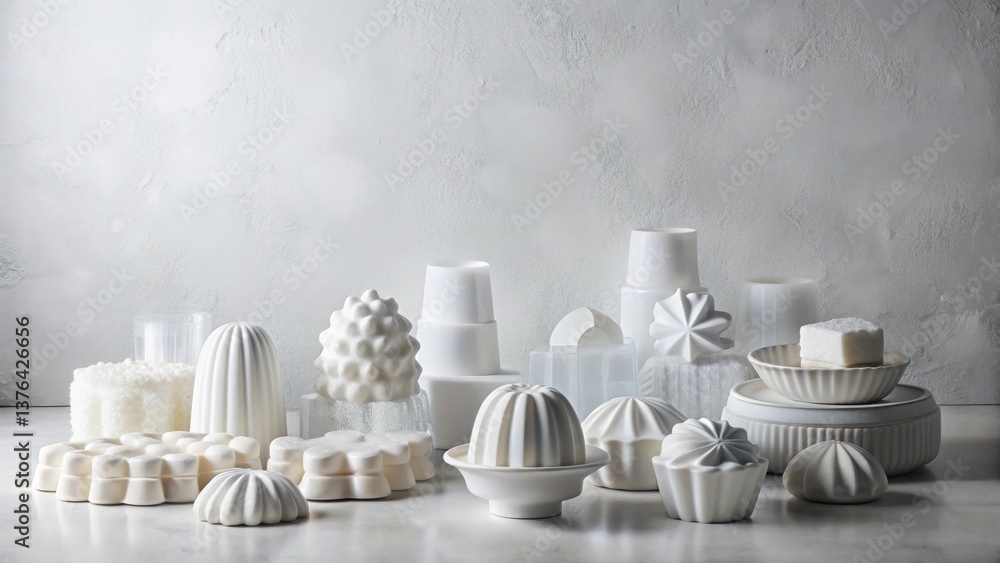 Aufkleber a serene arrangement of white sculptural forms on a smooth surface against a textured backdrop