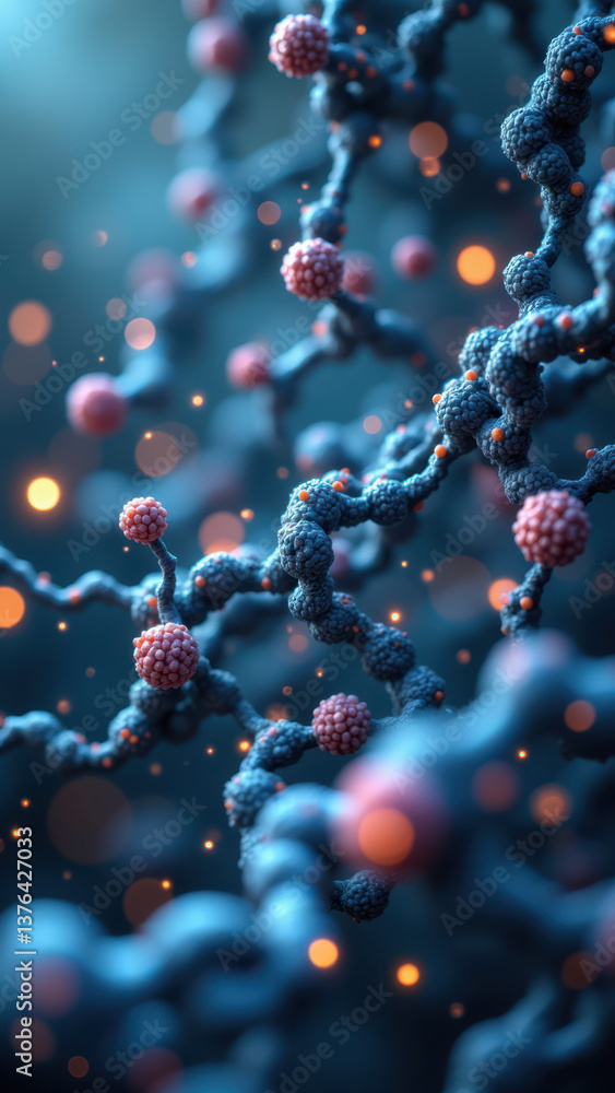 Poster artistic depiction of a protein structure with glucose molecules bound to its surface, emphasizing g
