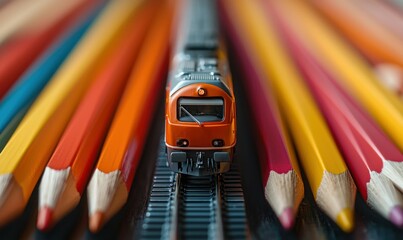 Obraz premium A miniature train travels on its tracks, framed by a vibrant array of colorful pencils.