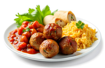 Fototapeta premium Meatballs, Savory Stuffed Wraps, And Various Rice Dishes Make For A Satisfying Meal With Diverse Flavors And Textures Comb
