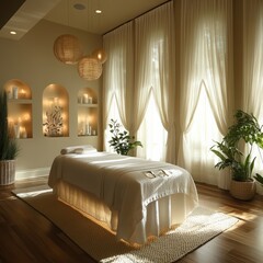 Massage therapy session in a spa room with dim lights and calming decor