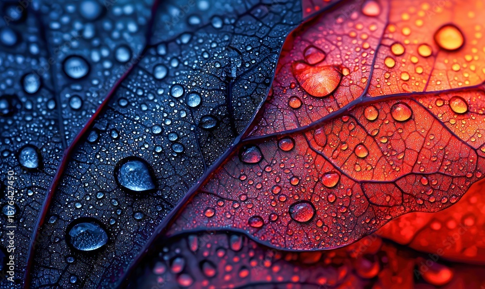 Poster close-up of colorful leaves showcasing mesmerizing water droplets clinging to the intricate vein pat